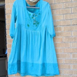 Gudrun Sjoden Blue Midi Dress with Green Embroidery